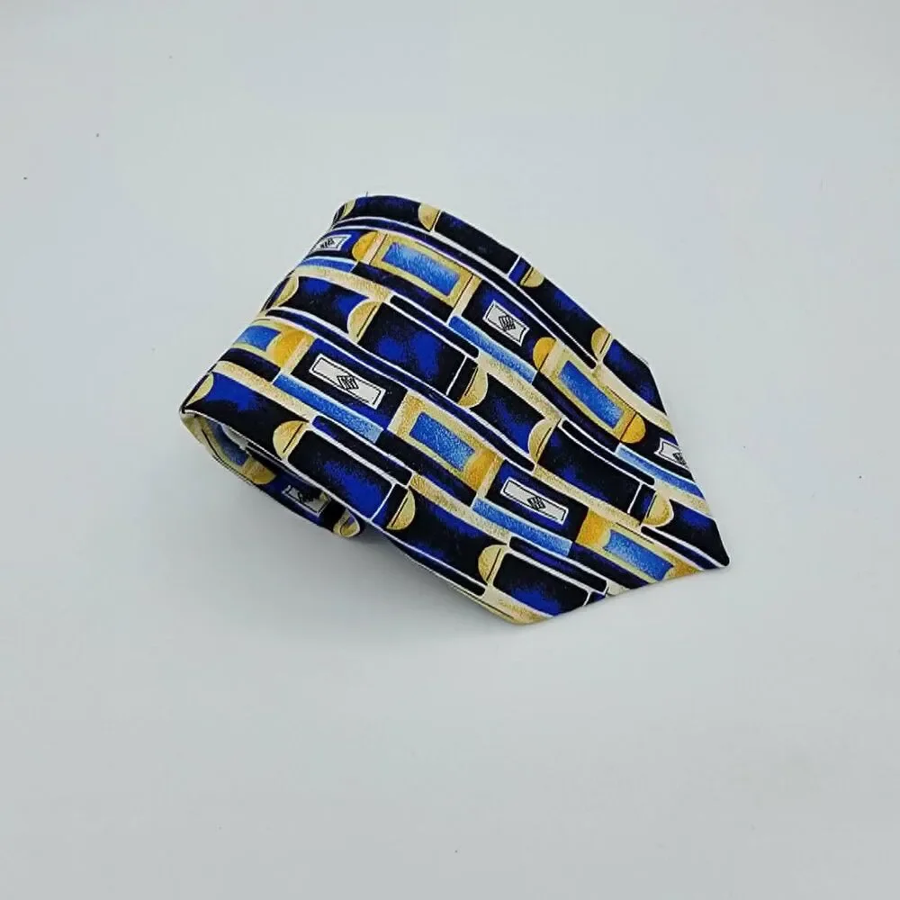 Mulberry Men’s Geometric Necktie Blue Gold 100% Italian Silk 57 x 4